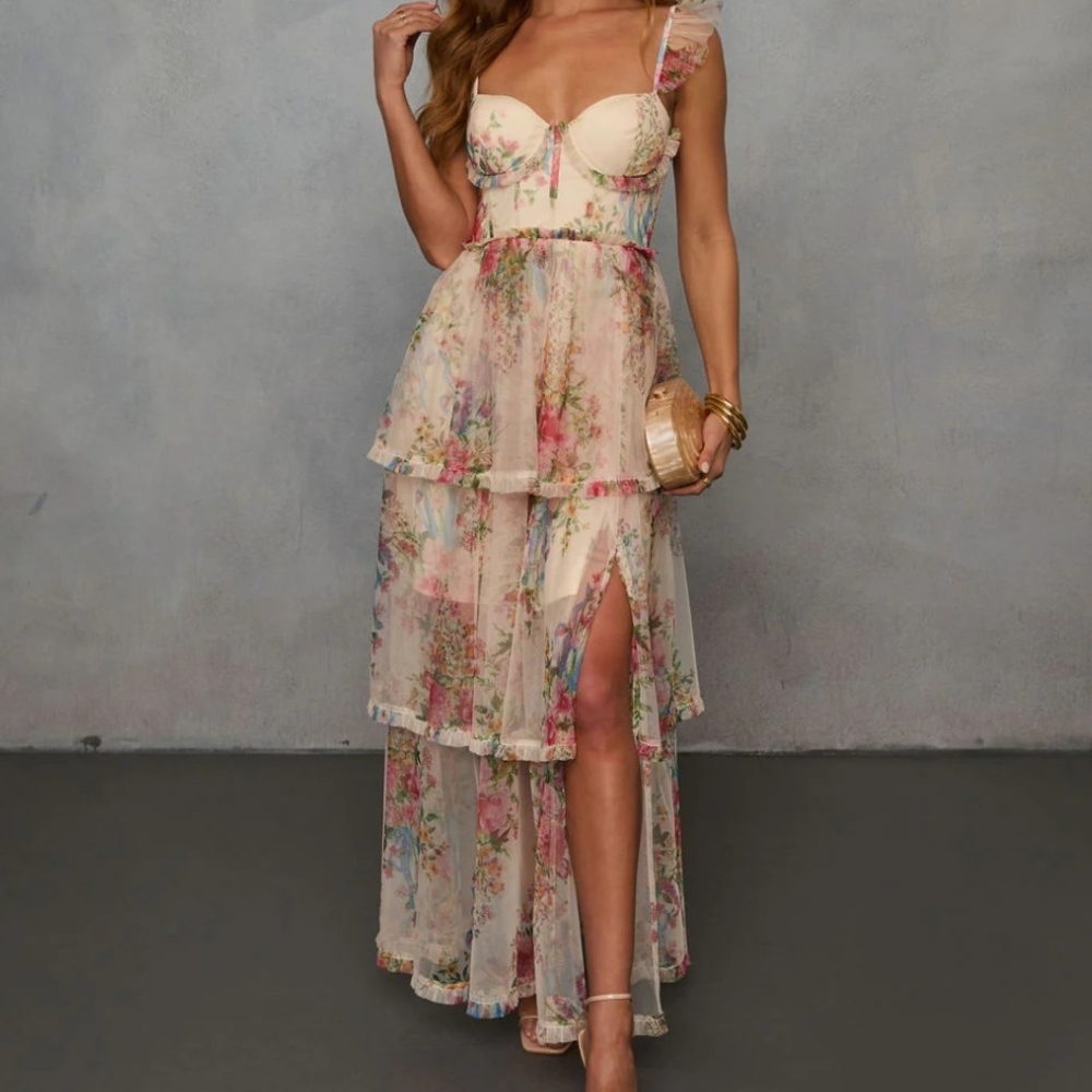 Vici Floral High Low Dress - Cream and Pink